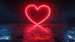 © indi - A glowing red neon heart illuminates a dark, wet concrete floor reflecting the light