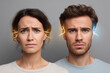 © Keopaserth - Worried woman and man standing side by side with visualized ear pain and lightning effects suggesting earache and headache