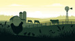 © aul - Flat Vector Illustration of a Rural Farm Landscape with Silhouettes of Cows, Chicken, Barn, and Windmill at Sunrise
