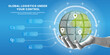 © Наталья Косаревич - A hand holding a digital globe with logistics network icons. Trendy halftone collage. Global supply chain management and transportation infrastructure system. Delivery and distribution technologies