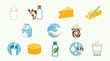 © tr - A vibrant collection of dairy products and related imagery, including milk, cheese, butter, yogurt, and stylized representations of milk production and consumption.