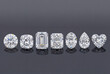 © Meow Creations - Row of various cut diamonds including round emerald and heart shapes