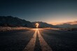 © grey - A questionmark icon glowing at the end of a road leading into the distance, sunrise lighting