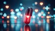 © Mi - Against a pearl background, a red and black pill capsule glows with pearl light, adorned with a pink pearl heart symbol and a Abstract Futuristic Tech Bokeh Effect, Professional Trustworthy Design