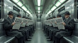 © Jumpingsack - Surreal symmetrical view of identical men in grey coats and hats sitting inside a subway car reading newspapers with the headline truth is redacted.