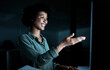 © peopleimages.com - Night, business or woman with computer for video call, communication or update for article. Smile, journalist or person in online meeting with tech, point or planning for column on deadline in office
