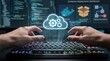© Worldwide - Cloud native development. Programmer developing applications for cloud computing. Cloud icon and source code illustrations.