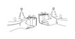 © Svitlana - Gift-Giving Scene. Minimalistic one-line drawing hands exchanging wrapped presents in a festive Christmas setting, continuous single black line on white
