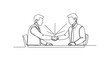 © Svitlana - Office Collaboration. Minimalistic one-line drawing coworkers exchanging ideas and shaking hands over a desk, continuous single black line on white background,