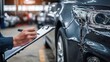 © TensorSpark - Hand holding clipboard inspecting damaged car bumper for insurance claim assessment at repair shop.