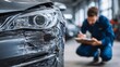 © TensorSpark - Front side of damaged car with scraped bumper and headlight, assessor inspecting and noting damage for insurance claim and car damage repayment.