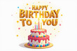 © Aleksei Solovev - A 3D golden text HAPPY BIRTHDAY TO YOU with a white cake, pink icing, colorful balls and four candles surrounded by stars.