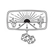 © Journey - Hand drawn line art illustration of a car rearview mirror reflecting a desert road trip landscape with sunset, cacti, and hanging fuzzy dice
