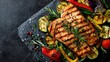 © elmyra - Grilled salmon with vegetables on black slate for culinary presentation