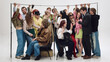 © Lustre Art Group  - Diverse group of people standing very close holding rail in tight subway setup. Concept of crowd density, space management, transport demand, urban mobility challenges.
