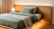 © Leo - A tranquil minimalist bedroom featuring a clean wood headboard, plush green bedding, and soft ambient lighting for ultimate relaxation.