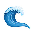 © GenMotion - A stylized blue ocean wave curls and breaks with white foam against a plain background