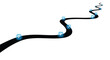 © Naim - A winding black road with blue square markers containing white checkmarks extends into the distance on a white background.