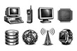 © 4Max - Collection of vintage and modern technology icons in a retro engraving style