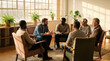 © Angs - Diverse group of men sitting in circle during support group meeting. Male mental health awareness and group therapy concept