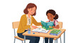 © Bagus - Teacher helping student with reading at desk.