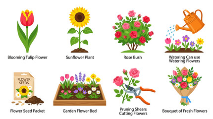  Vector illustration of a vibrant garden scene with blooming flowers, a rose bush, and a watering can, surrounded by gardening tools and a flower seed packet.