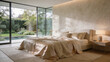 © 承霖 叶 - Modern bedroom with large glass windows overlooking a garden and pool