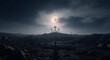 © arfiansyh - Eerie and Profound Celestial Event Casting a Ring of Light Over Three Silhouetted Crosses on a Barren Hill, a Moment of Deep Reflection