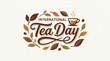 © DivineFest Pixels - Tea day typography design with leaves and cup illustration showing festive celebration culture branding concept for global beverage promotion and creative poster use