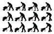© loveley0190 - Silhouettes of workers pushing wheelbarrows in various poses showcasing labor construction and teamwork in a minimalist black and white style