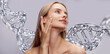 © master1305 - Woman touching smooth skin with dna molecule structure visualizing anti aging skincare. Concept of beauty care, rejuvenation treatment, dermatology science and cosmetic innovation.