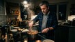© RYUJIN Studio - A middle-aged man in casual clothes cooking a late-night meal on an electric induction stove, tired but focused expression, dim kitchen lighting, steam rising from pot, cinematic moody atmosphere