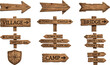 © MdRakib - Rustic wooden signpost collection with medieval fantasy style arrows and placards for village forest and mountain locations