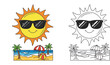 © MstTabassum - Cute summer sun character with sunglasses over a tropical beach scene, coloring page and colorful vector illustration.