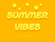 © Popskraft - Vector Sunny poster Summer Vibes. Positive Yellow Font. Playful 3D Alphabet Letters and Numbers set.