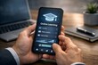© SUMONAKTER - A close up of a person using a smartphone to access an online learning platform application interface