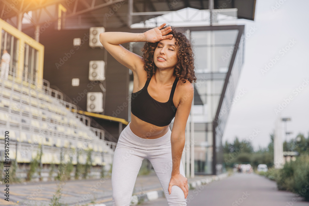 Intense Break Exhausted woman taking a break after intense sports training outdoors ...