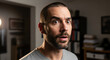 © Len_mik - Surprised man with wide eyes in indoor setting, reacting to unexpected news or event