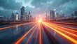 © miss irine - Glowing orange light streaks rush towards a futuristic city skyline at dusk. Represents fast data transfer, urban connectivity, and high-speed internet. Future tech, cyberspace.