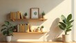 © Vadym - Minimalist room with wooden shelves holding books and potted plants. Natural light casts shadows on the wall, creating a calm and organized workspace or home office setting.