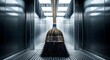 © SubaDesigns - Cinematic portrait of a humble broom standing alone in a high-tech industrial sterilization chamber under dramatic overhead lighting and mist
