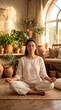 © HikikomorAI - Young woman practicing mindfulness meditation in lotus position on a rug in a sunlit cozy room with green plants
