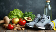 © Viktor - Pair of grey running shoes next to fresh fruits vegetables and nuts. Bottle of water towel and measuring tape suggest active healthy lifestyle and diet.