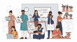 © Dollar - Diverse group of people working collaboratively in an office setting with laptops and whiteboard, conveying a productive and creative atmosphere with a mix of casual and professional attire.