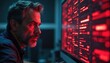 © Maryna - Man with beard stares at monitor with red code. Computer screen glows intensely. Digital data displayed on display. IT worker analyzes system. Cyber security threat warning.