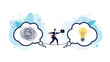 © MD - Courageous businessman balancing on a tightrope between a speech bubble of confusion and a bright idea lightbulb.