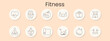 © Кирилл Макаров - Fitness set icon. Heart rate, smartwatch, apple measure, strong arms, scale, abs, yoga pose, stretching, mat, exercise bike, ball, slim waist, healthy lifestyle, workout routine, body care
