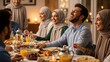 © Festivo Studio - Vibrant, authentic, and diverse Middle Eastern group of friends and family members, dressed in traditional attire, joyfully laughing and engaging in lively conversation while sharing a sumptuous