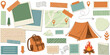 © MdNazmul - Travel scrapbook elements collection with map photos tent backpack stamps and camping adventure stickers vector illustration set