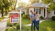 © yevhen89 - Happy couple embracing and laughing in front of their newly sold house. A real estate sign indicates a reduced price and final sale.